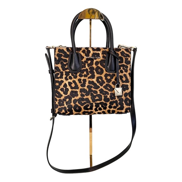 Michael Kors Black Leopard Real Haircalf Dyed Leather Crossbody Sling Handbag - Picture 1 of 16
